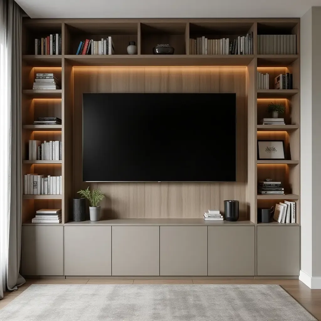 a photo of a corner TV mounted above a stylish bookshelf