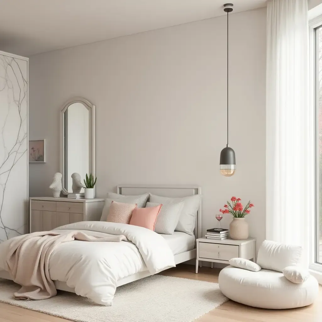 a photo of a minimalist kids&#x27; bedroom showcasing marble elements and bright colors