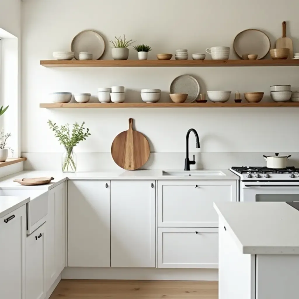 a photo of a bright kitchen with open shelving displaying pottery