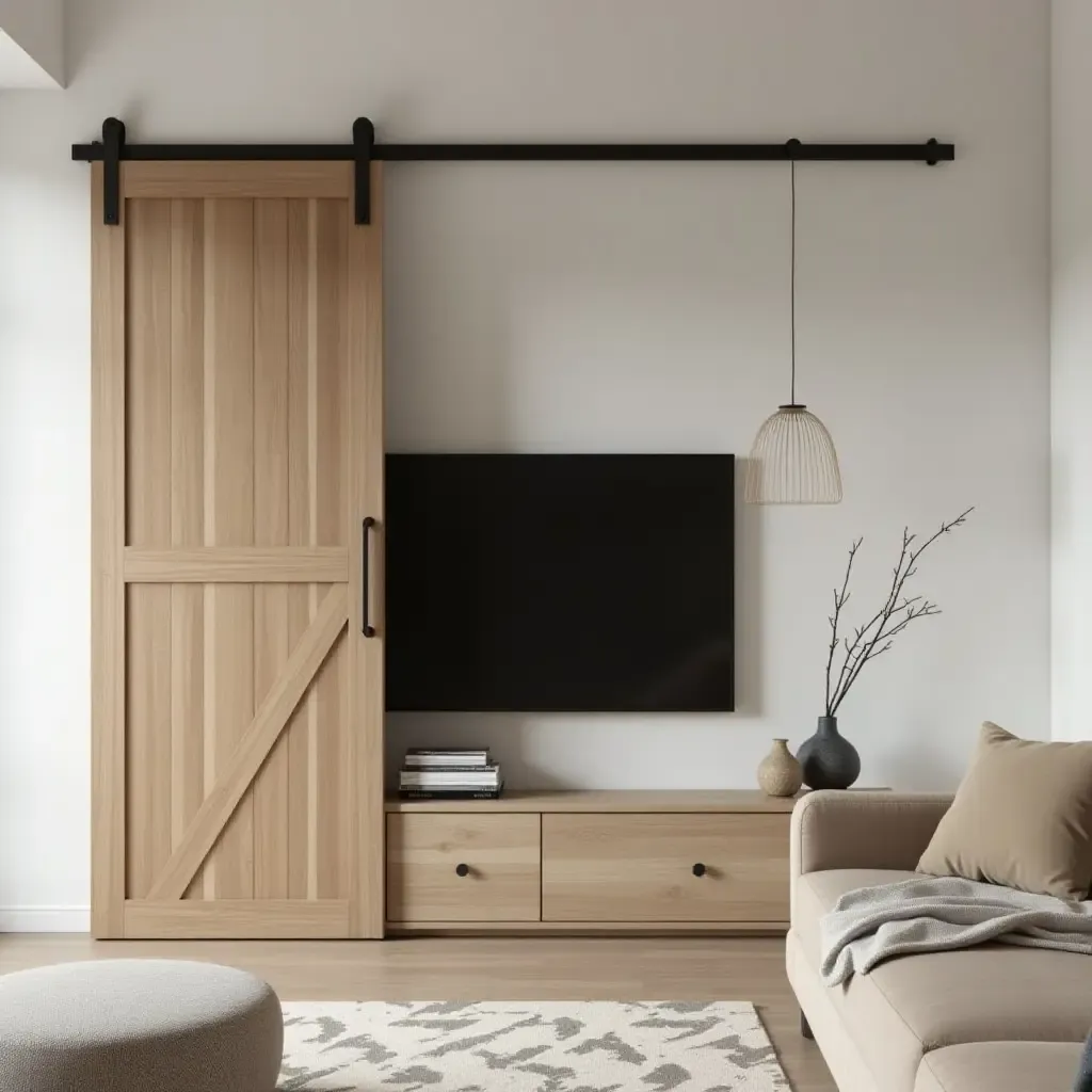 a photo of a corner TV hidden behind a sliding barn door