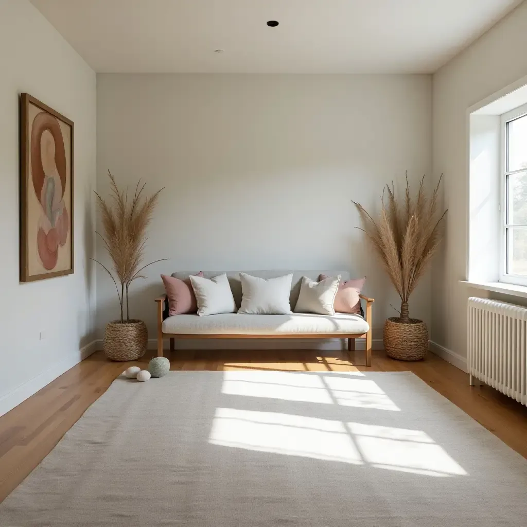 a photo of a basement yoga space with tranquil farmhouse-inspired decor