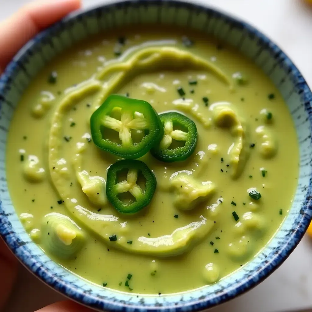 a photo of a creamy avocado salsa verde with tomatillos and jalapeños