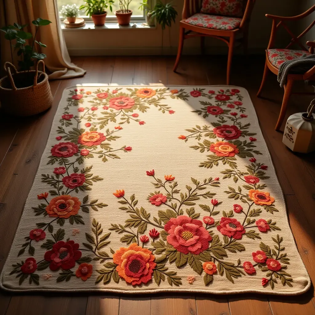 a photo of an artistic rug featuring floral patterns in a romantic setting