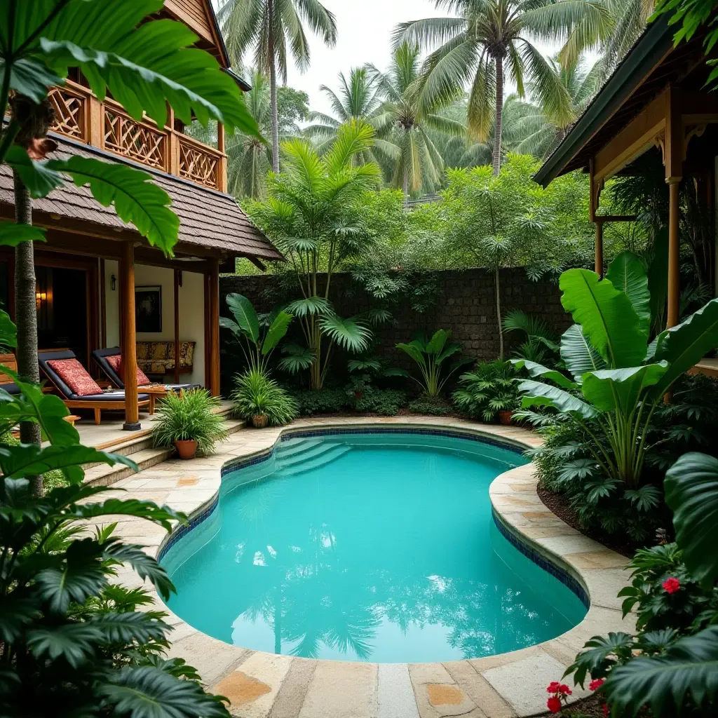 a photo of a pool surrounded by lush tropical plants and flowers