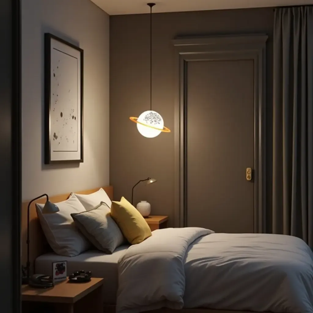 a photo of a pendant light with a space theme in an astronaut-inspired bedroom