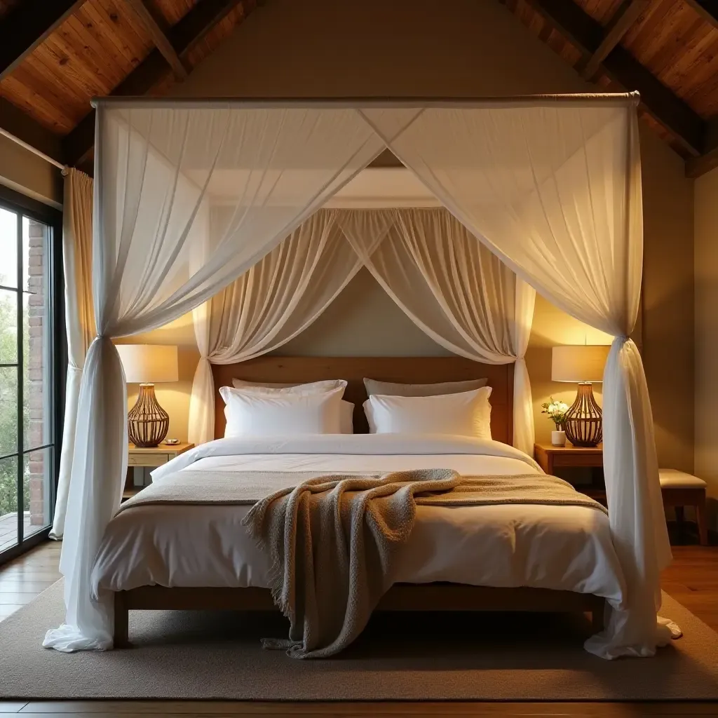 a photo of a serene bedroom with a large canopy bed and warm blankets