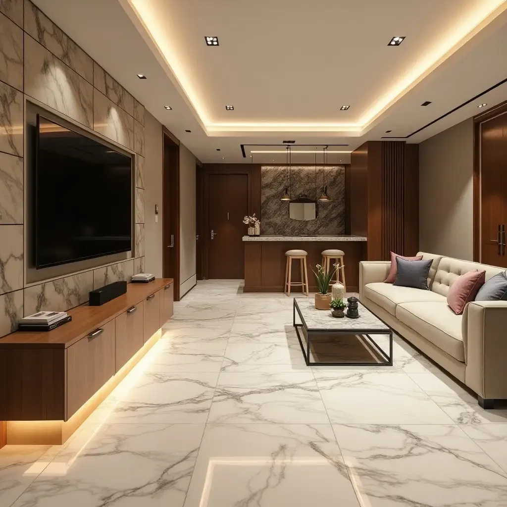 a photo of a marble-themed basement entertainment area