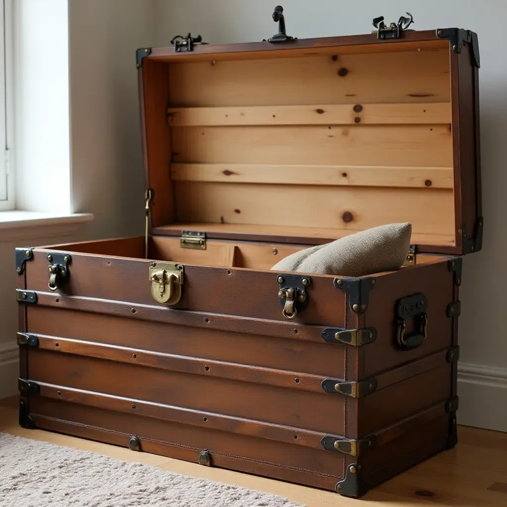 a photo of a vintage trunk used as a storage solution