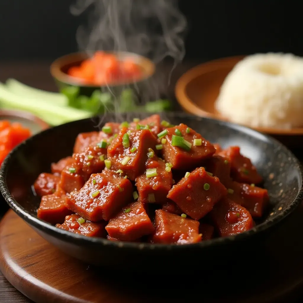 a photo of gochujang-infused marinade on sizzling beef bulgogi, served with steamed rice and kimchi.