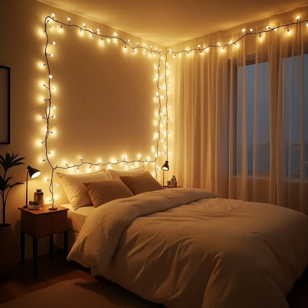 a photo of a minimalist bedroom with bohemian-style fairy lights