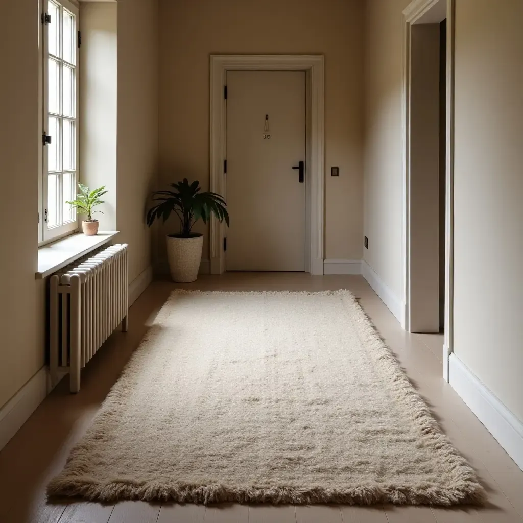 a photo of a textured wool rug in a cozy corridor setting