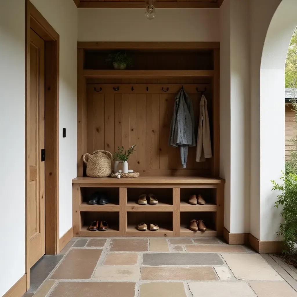 a photo of a rustic entrance with a wooden shoe cabinet