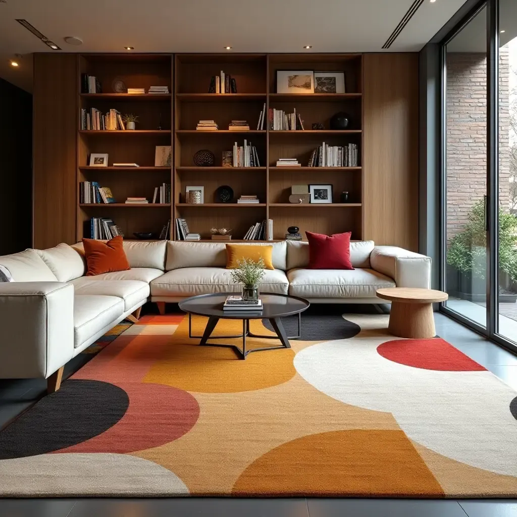 a photo of an abstract art rug with bold shapes in a contemporary library