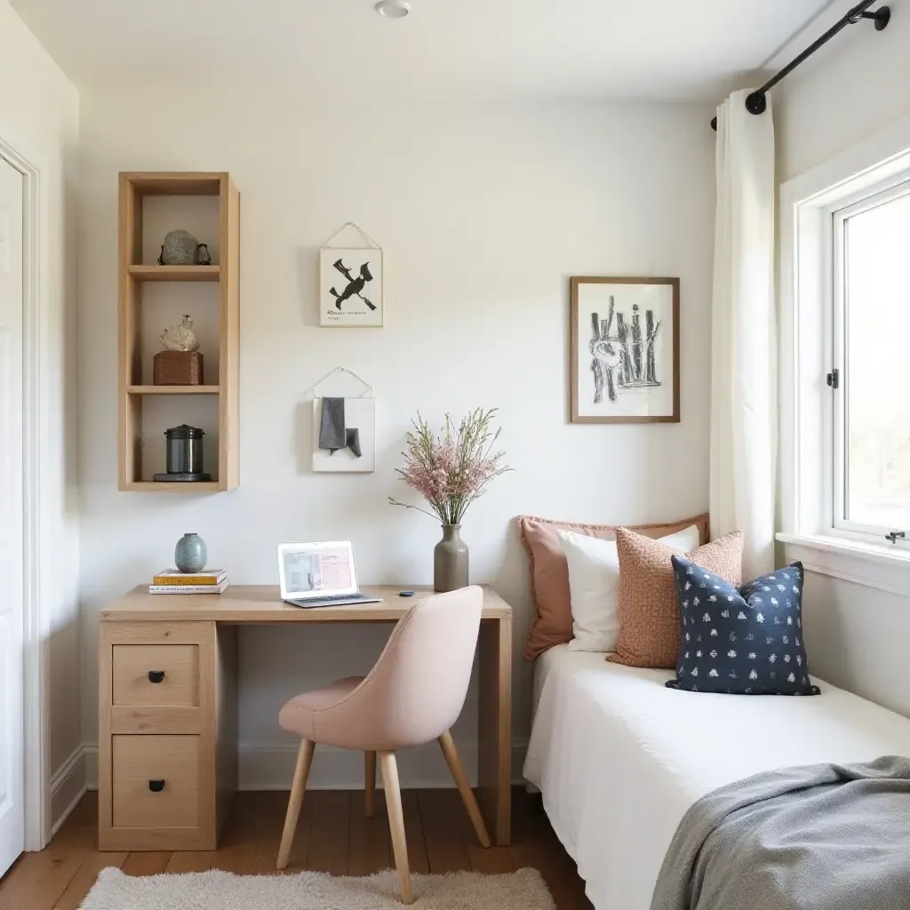 a photo of a stylish bedroom workspace in a farmhouse-themed teen room