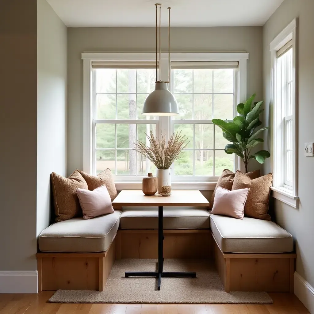 a photo of a breakfast nook with a cozy rug and oversized cushions