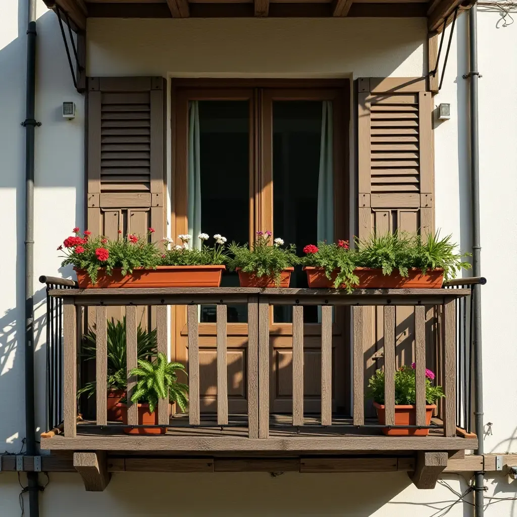 a photo of a balcony featuring a rustic wooden fence and flower pots