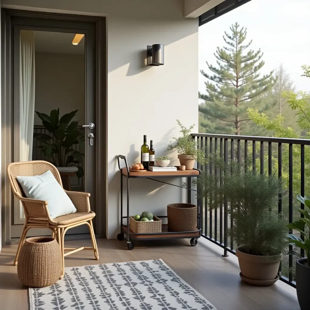 a photo of a balcony with a vintage bar cart and stylish decor