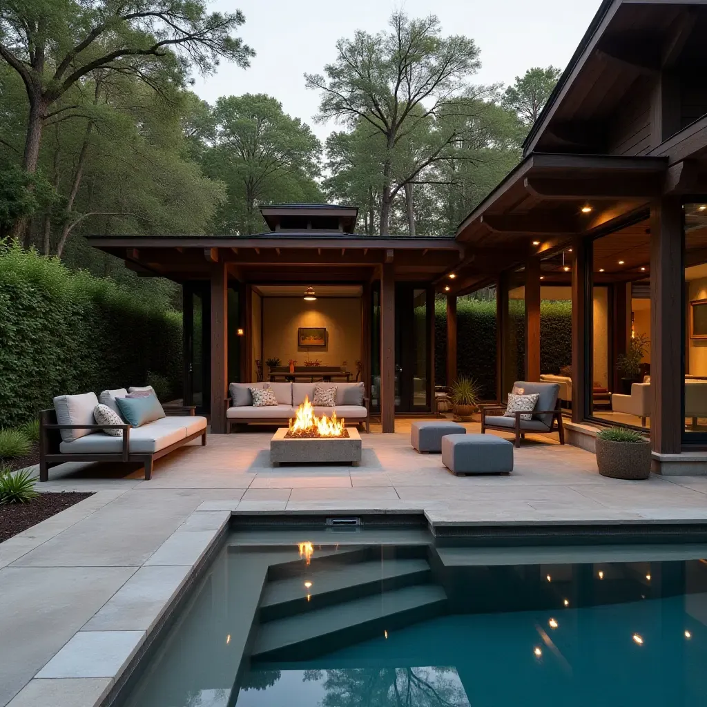 a photo of a wooden fire pit area next to the pool