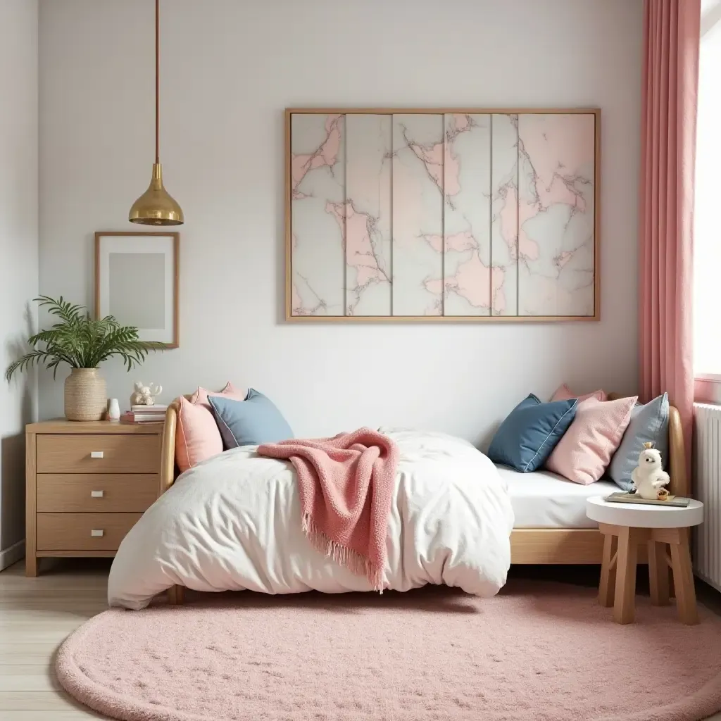 a photo of a playful teen bedroom with marble-themed decor and colorful accents