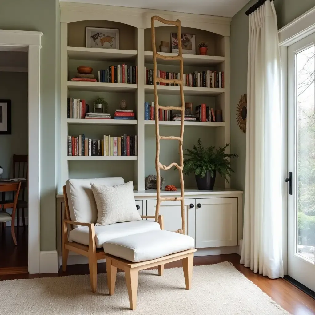 a photo of a reading nook with a built-in bookshelf and a ladder