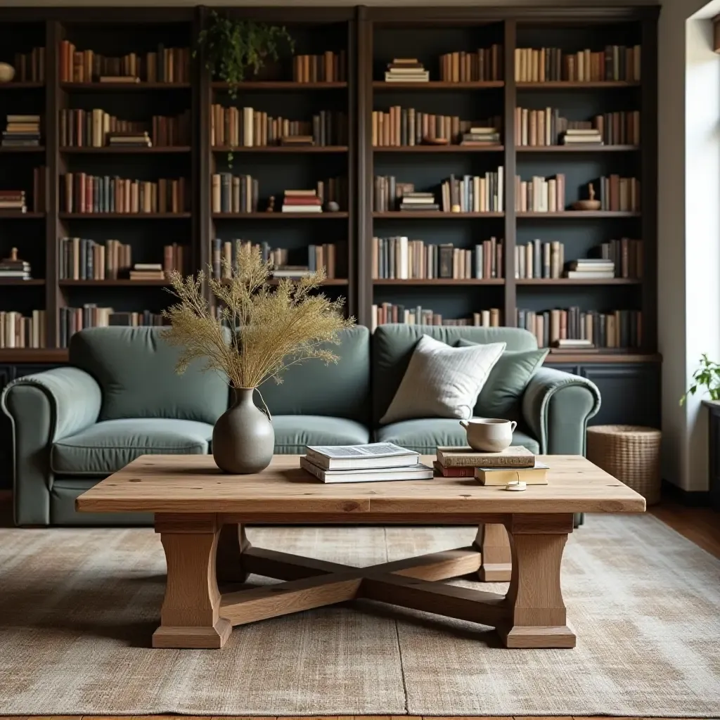 a photo of a rustic coffee table surrounded by books in a farmhouse library