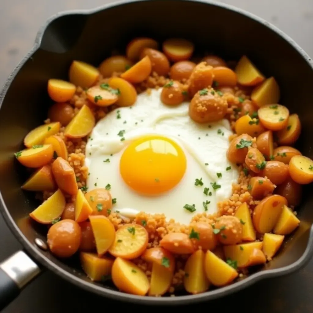 a photo of a hearty egg and potato hash, sizzling in a cast-iron skillet.