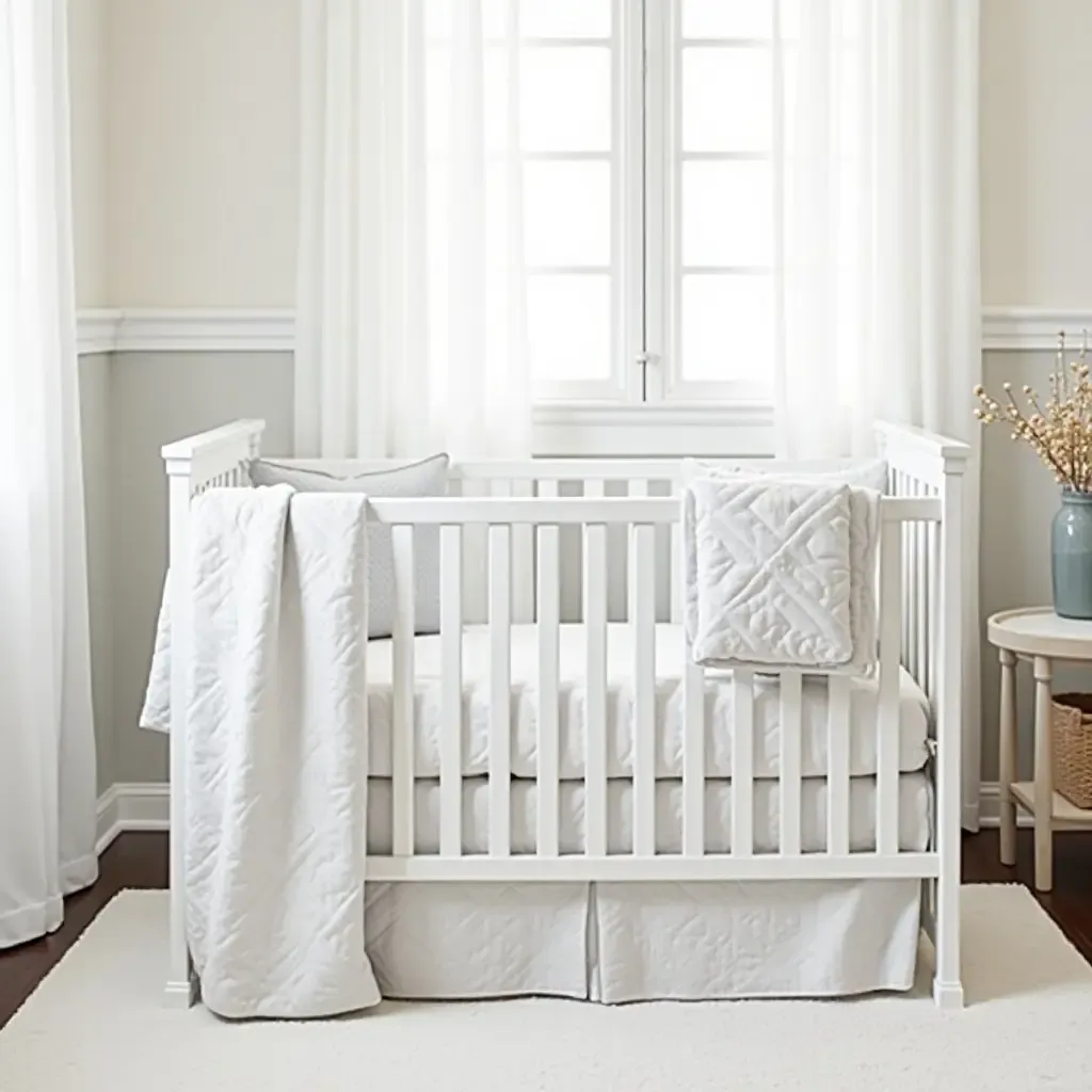 a photo of a nursery featuring a metallic silver crib bedding set