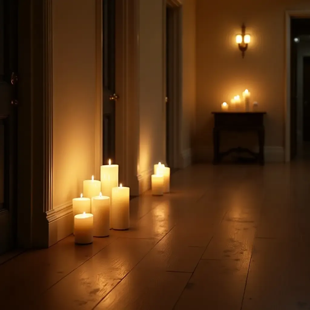 a photo of candle arrangements providing soft lighting in an entrance hall