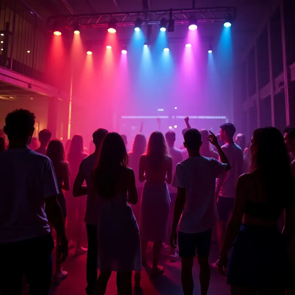 a photo of a balcony party scene with vibrant neon lights