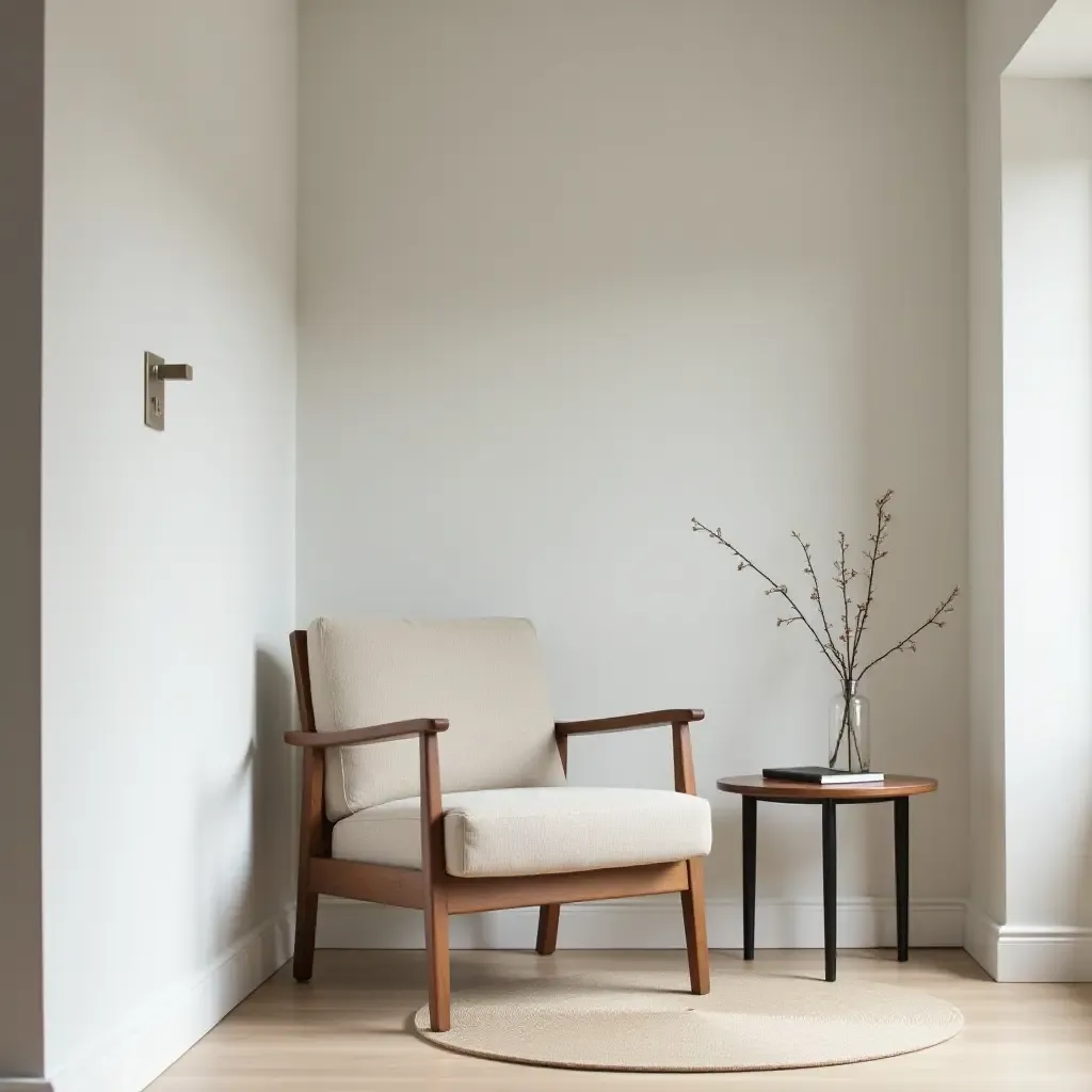 a photo of a minimalist reading nook with a sleek chair and a small table