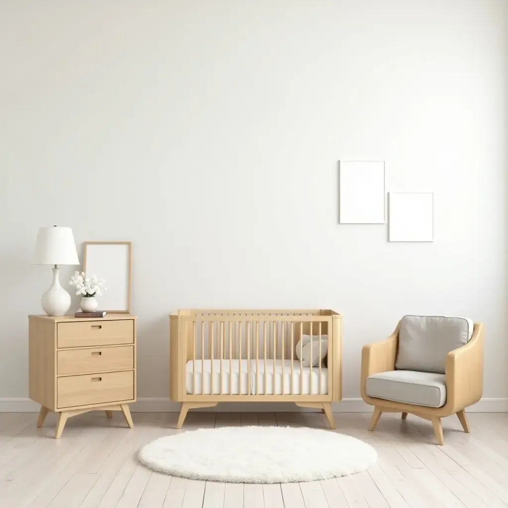 a photo of a clean nursery design with light wood furniture and white walls