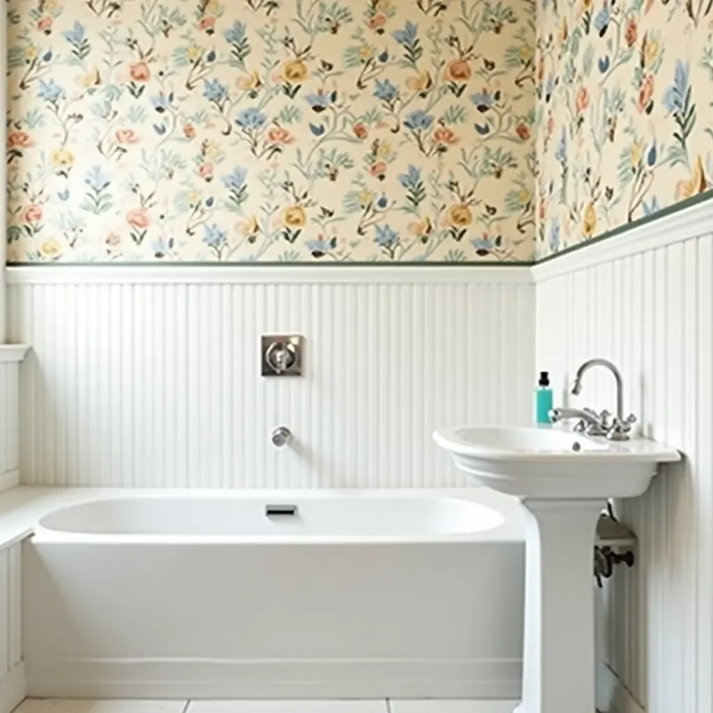 a photo of a charming bathroom with a floral wallpaper border