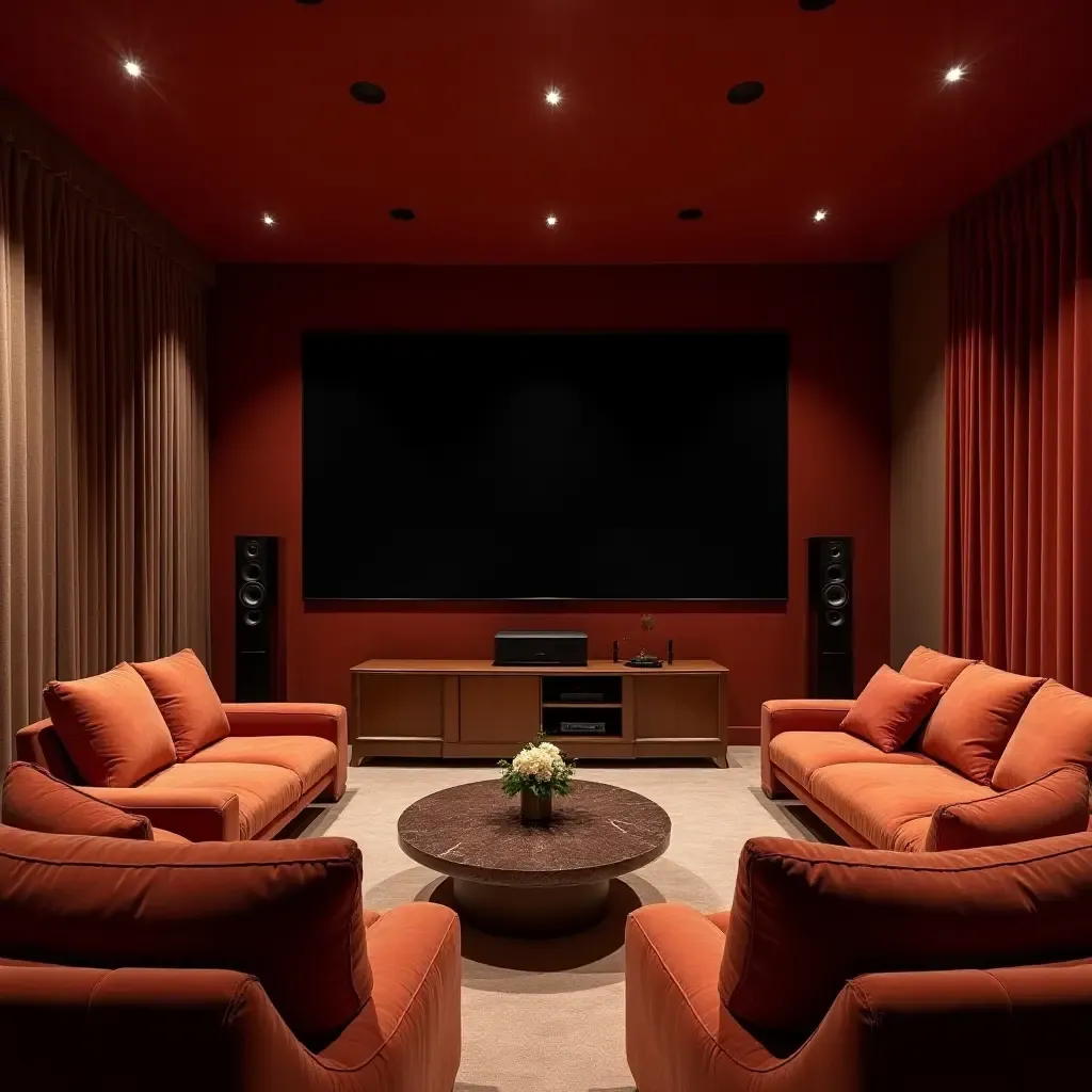 a photo of a luxurious TV room with plush seating and a high-end sound system