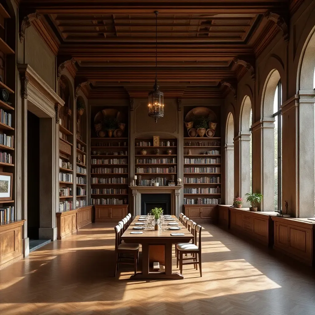 a photo of a library featuring a gallery wall of cultural artifacts