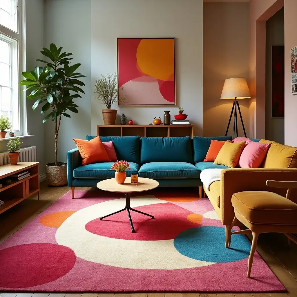 a photo of a funky retro rug in a vibrant, colorful living area