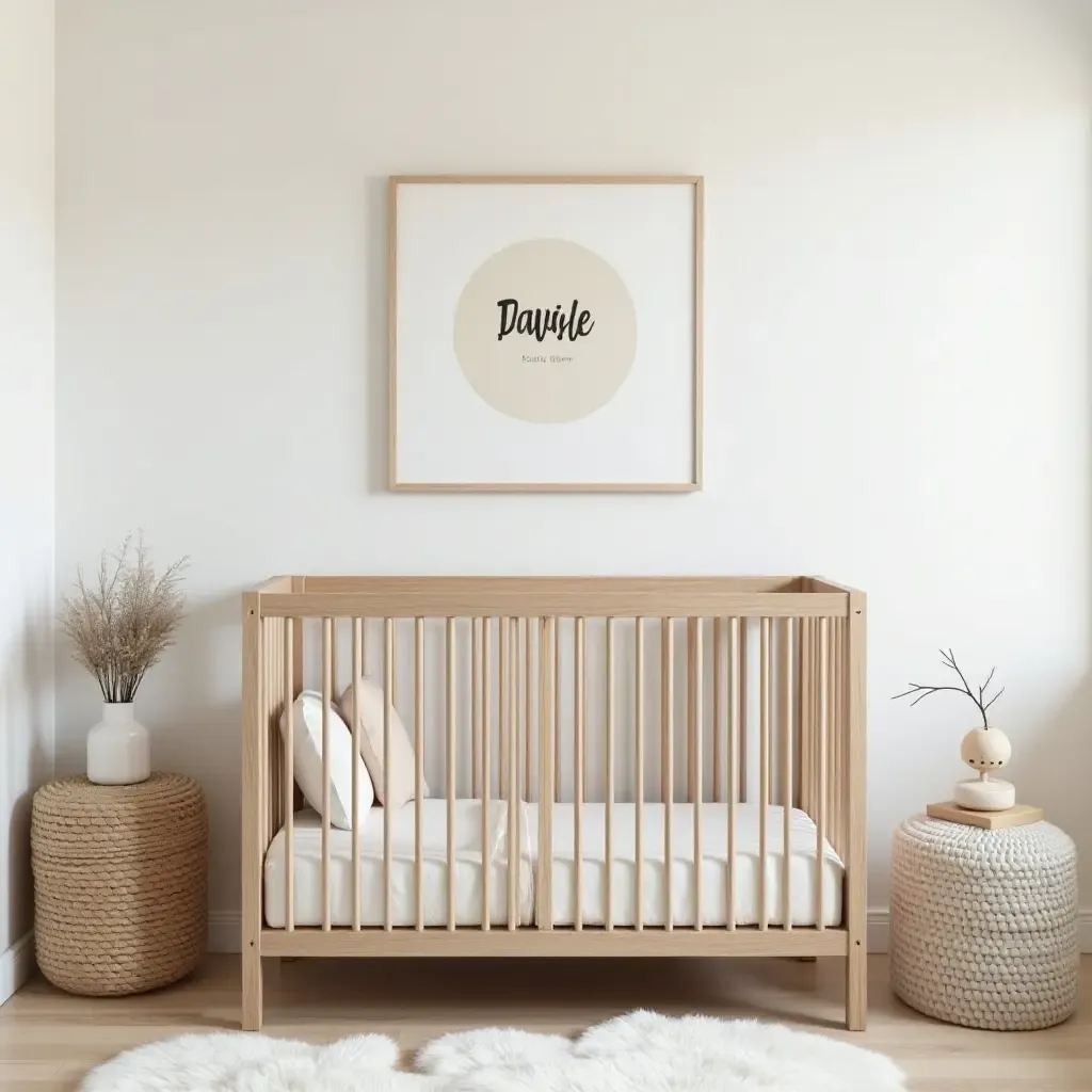 a photo of a charming nursery with a rustic crib and personalized name sign