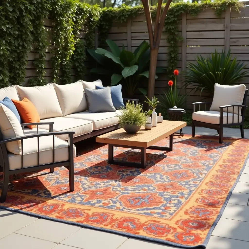 a photo of a colorful outdoor rug paired with comfortable cushions and a coffee table