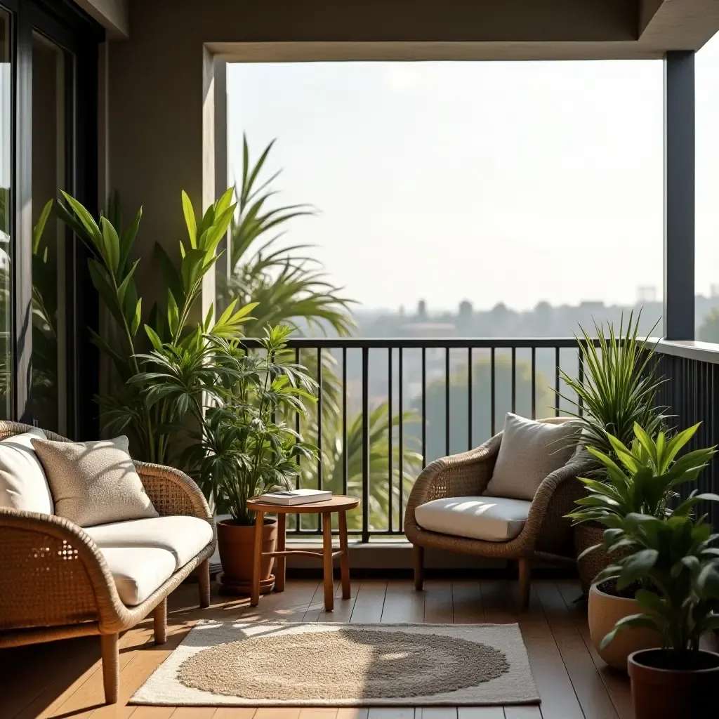 a photo of a balcony with a cozy reading nook and plants