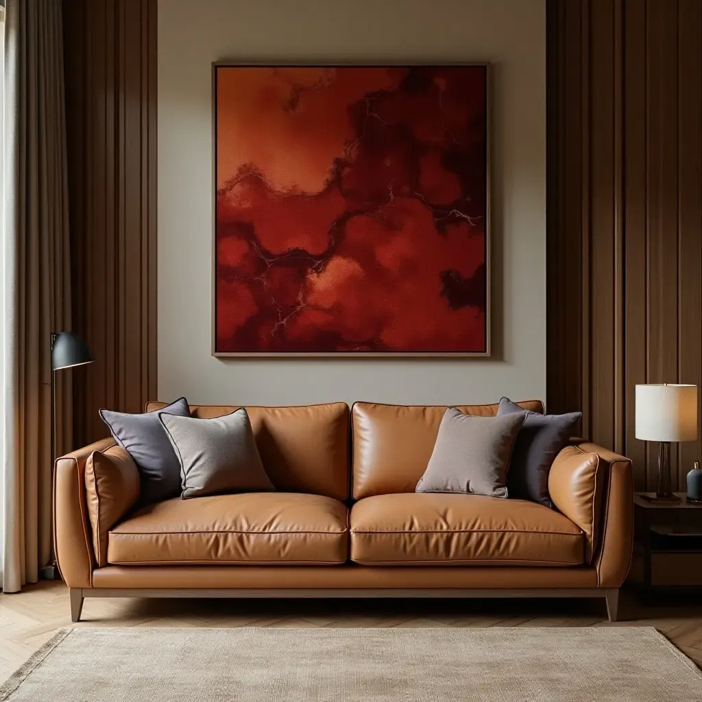 a photo of a contemporary space combining leather sofa, velvet artwork, and wooden elements