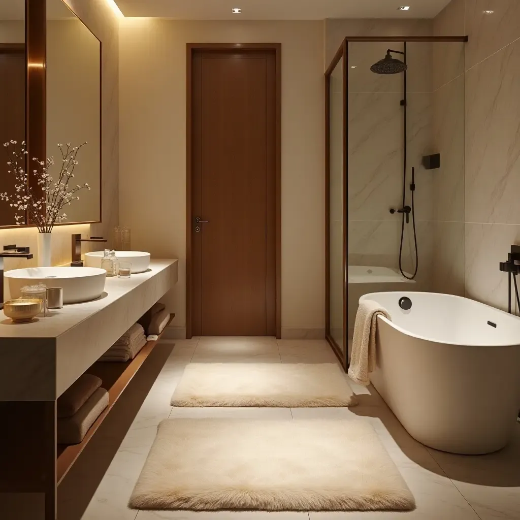 a photo of a cozy bathroom with fluffy rugs and sophisticated lighting