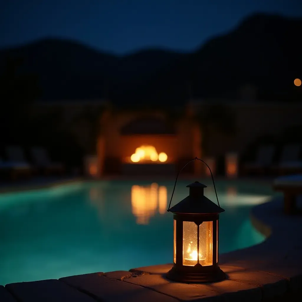 a photo of a rustic lantern illuminating a nighttime pool scene