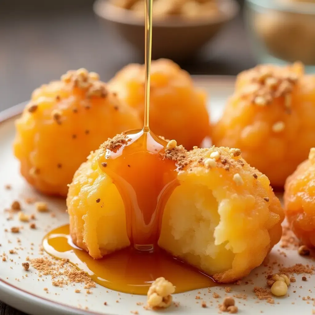 a photo of colorful loukoumades drizzled with honey and sprinkled with cinnamon and walnuts.