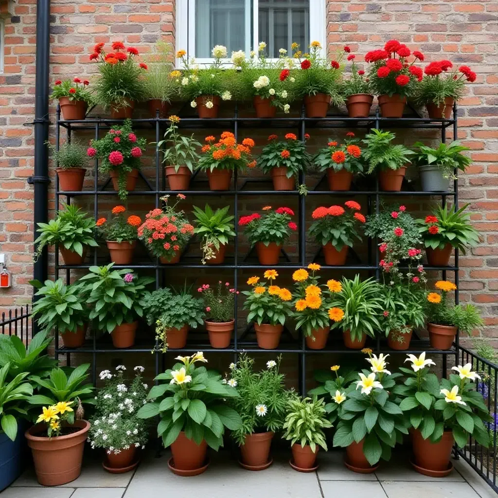 a photo of a balcony garden wall with a colorful array of flowers