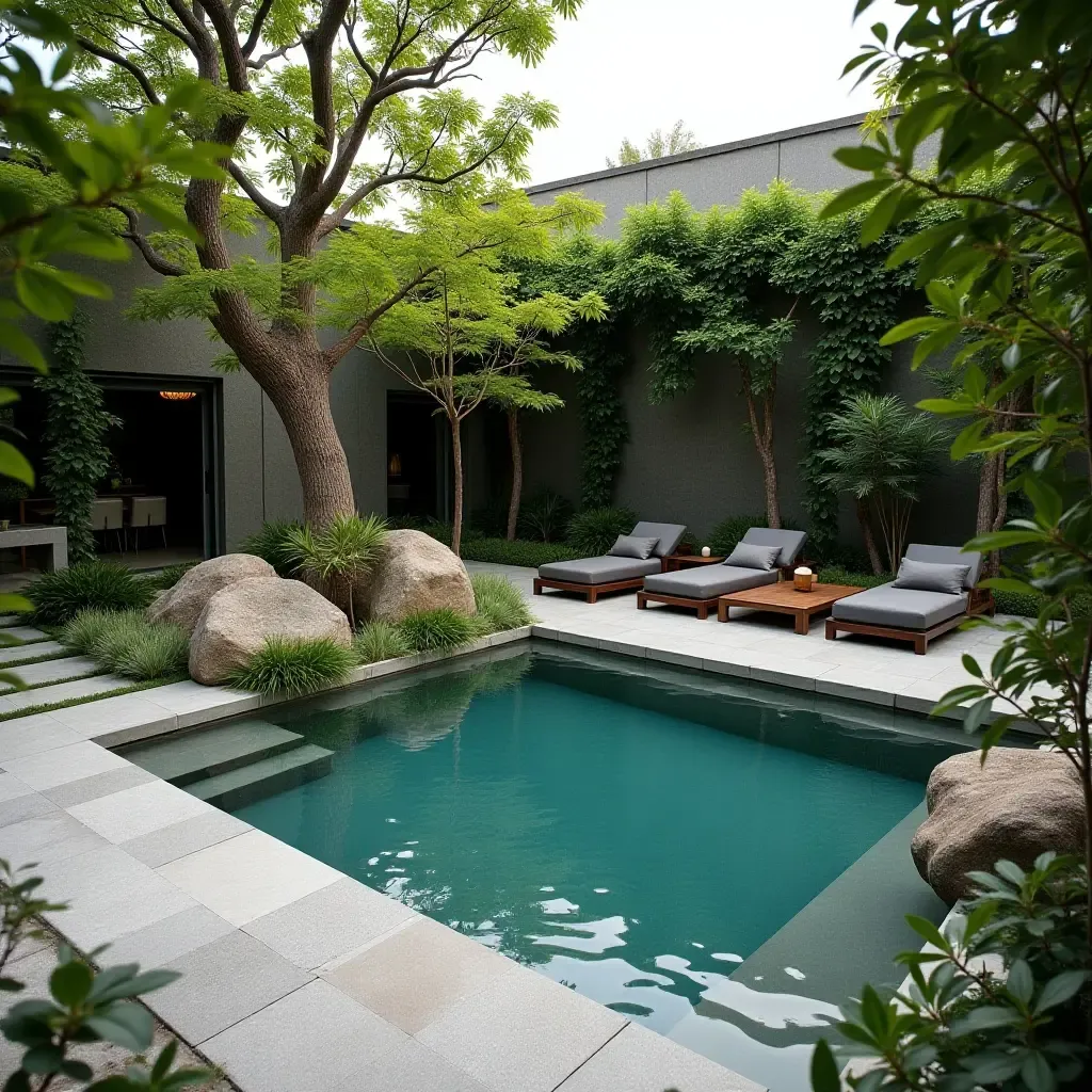 a photo of a small pool area with a zen garden for tranquility