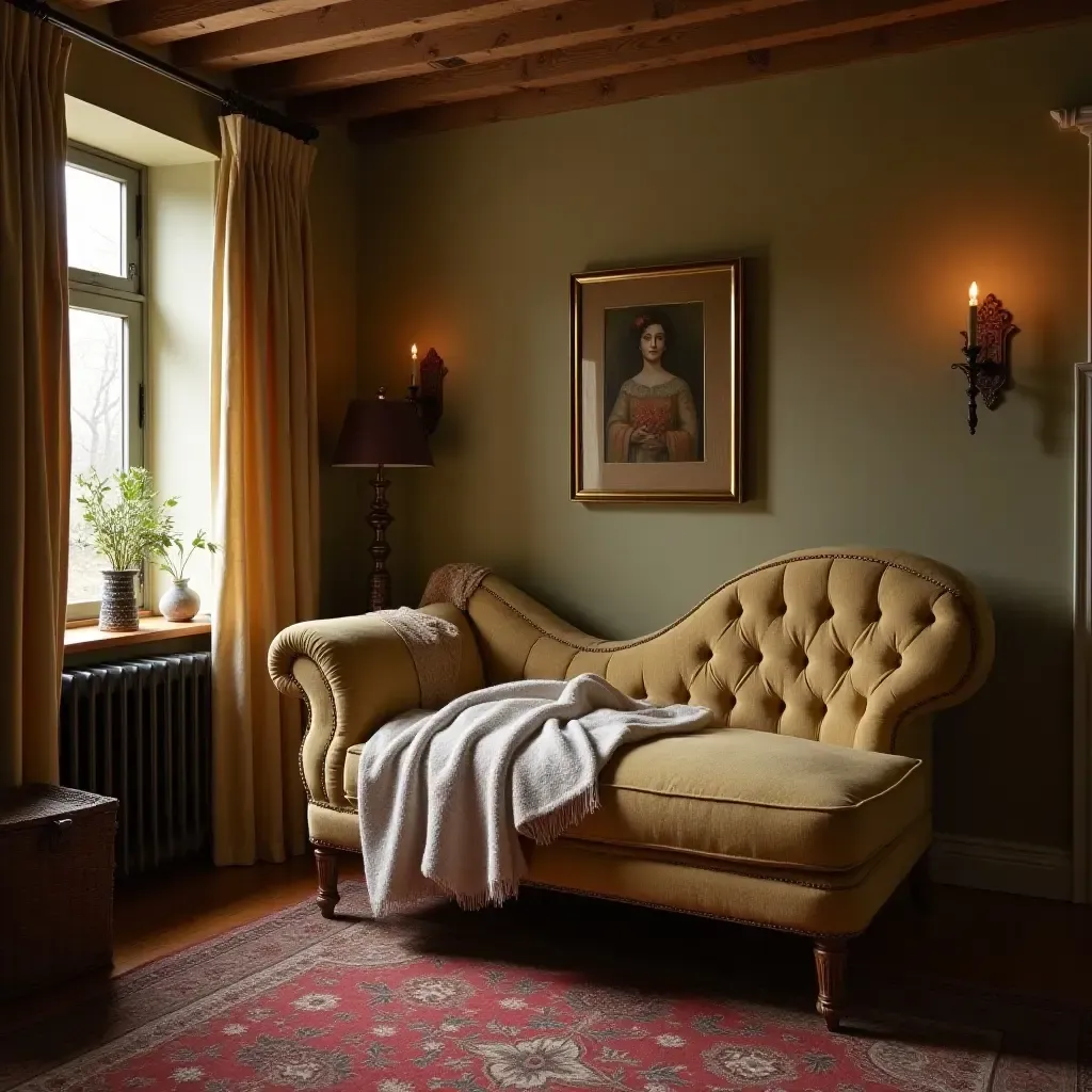 a photo of a vintage chaise lounge in a basement relaxation corner