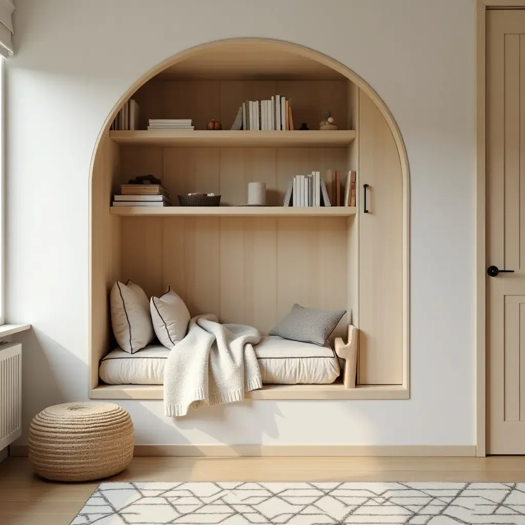 a photo of a cozy reading nook with integrated shelving for kids