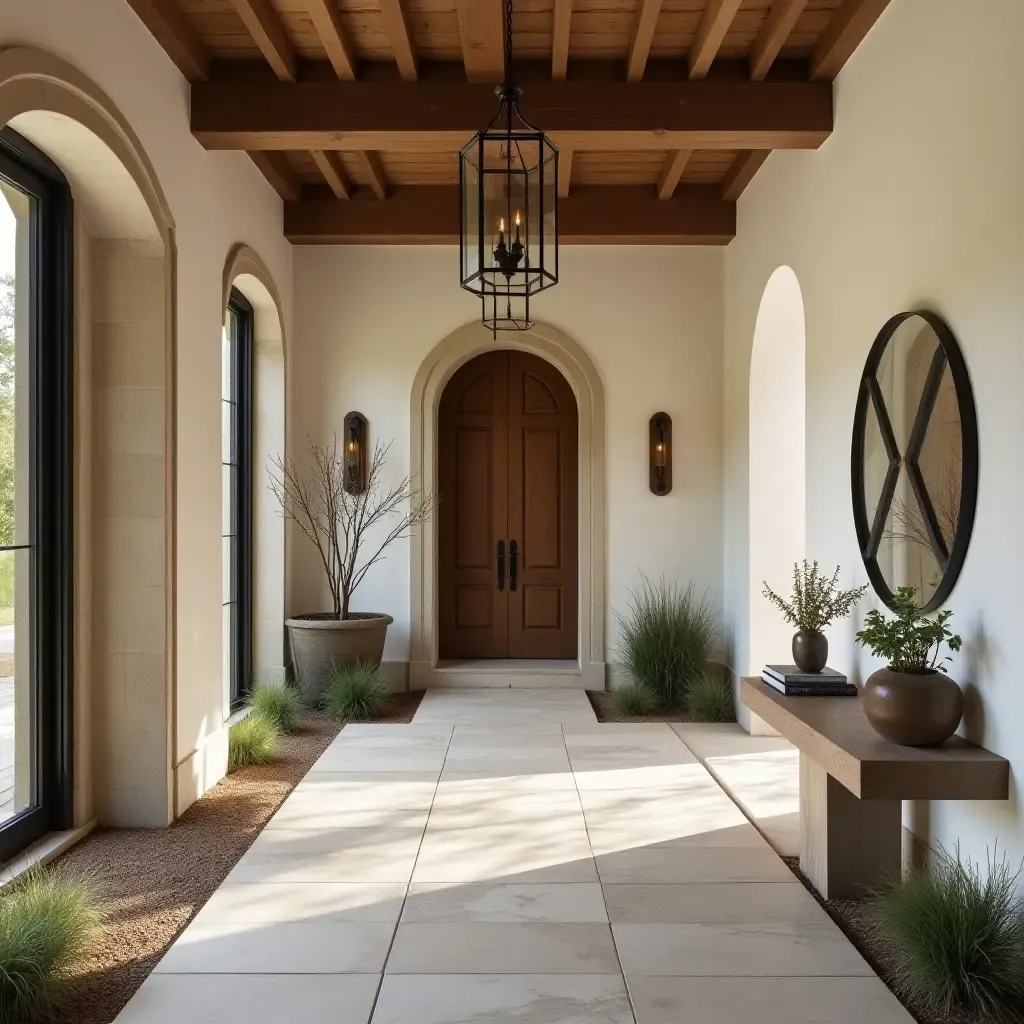 a photo of an entrance hall with a blend of modern and rustic Mediterranean styles