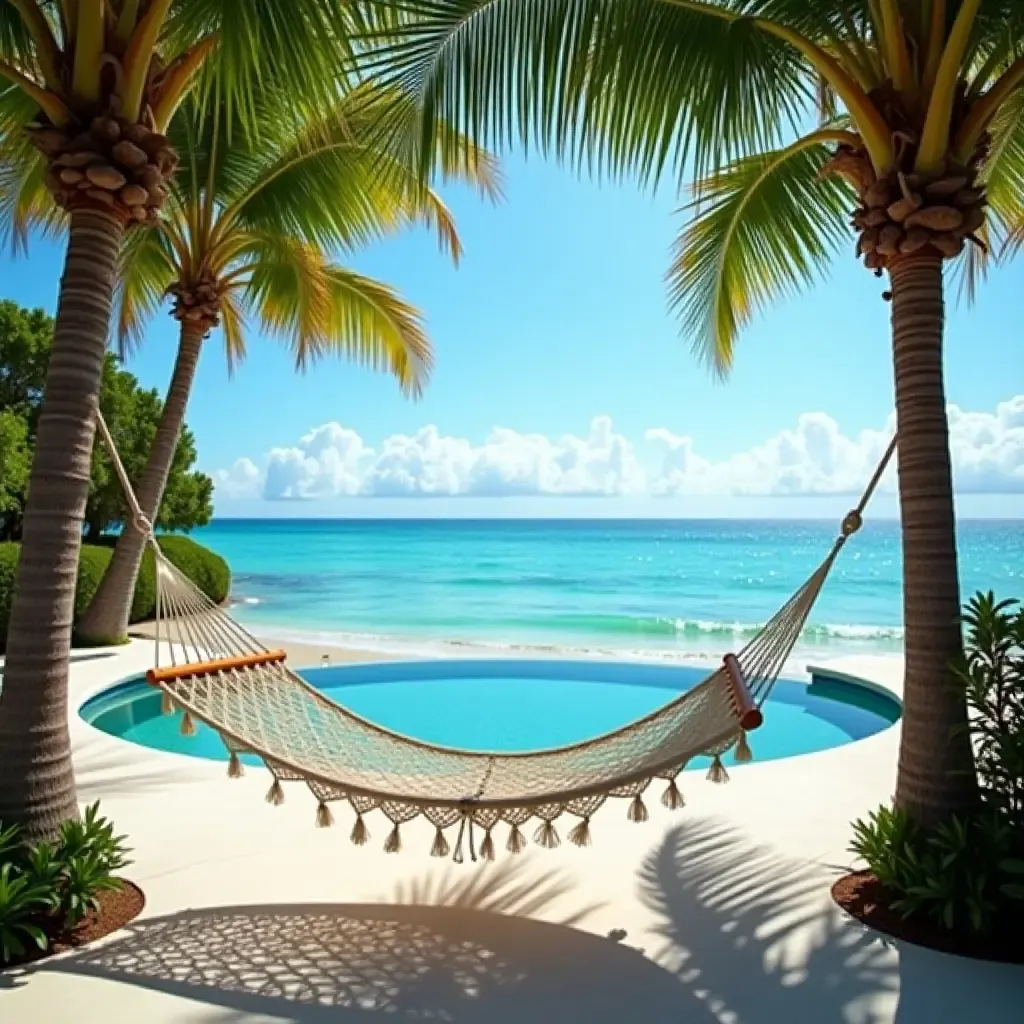 a photo of a charming hammock strung between palm trees by the pool