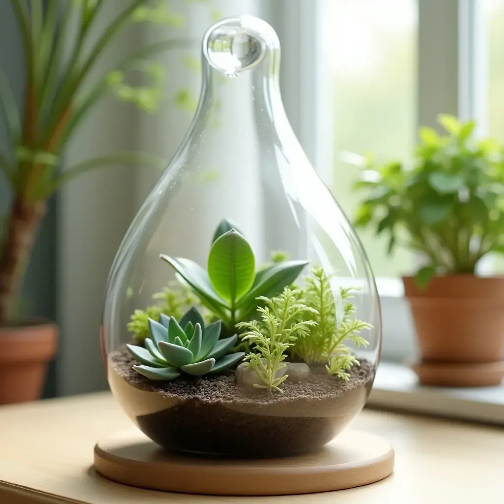 a photo of a nursery featuring a terrarium with miniature plants