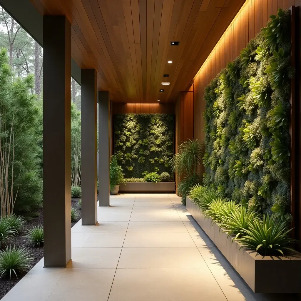 a photo of a modern corridor featuring a succulent wall garden